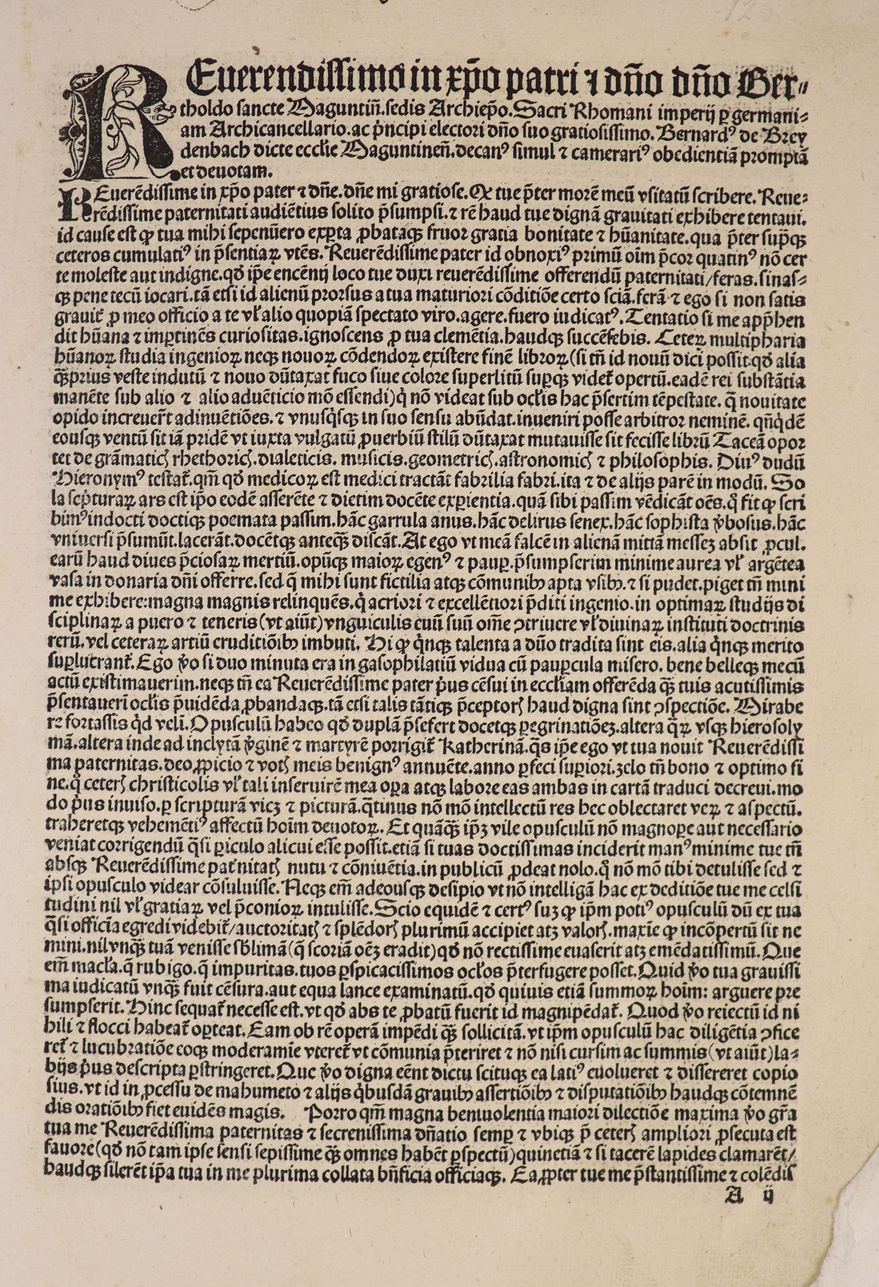 Breydenbach, Bernard von - Peregrinationes in Terram Sanctam. Speyer: Peter Drach 24th November 1502, Chancery folio, 55 lines (variable), initial spaces, 10 leaves of woodcut views of cities, 13 woodcuts of Near Eastern